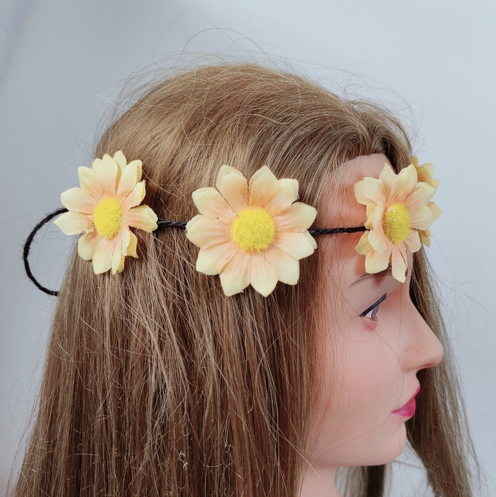 Handmade Peach Daisy Flower Crown Hippie Festival Headband Natural Fibers, OS